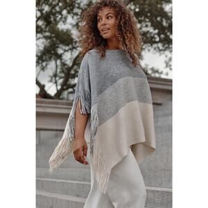 J.Jill Women's Knit Fringe Poncho Sweater EJ3 Grey Heather/ Oatmeal Heather S/L